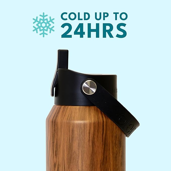 Elemental 40oz Insulated Water Bottle with Straw - 100% Leak-Proof Stainless Steel Core Water Bottles for Travel, Sports and Gym - Double Wall Insulation & BPA Free - Teak Wood