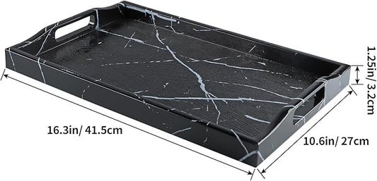 MDLUU Plastic Serving Tray, Ottoman Tray with Cutout Handles, Rectangle Butler Tray for Breakfast in Bed, Coffee Table Decor, Party (Marble)