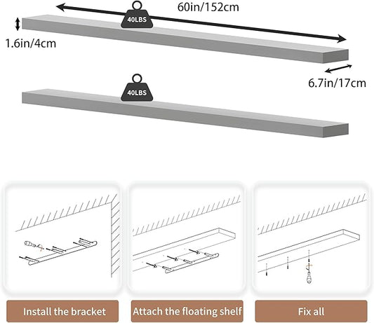 60 inch Long Floating Shelves for Wall,Solid Wood Long Shelves Set of 2,Rustic Wall Mounted Shelves with Invisible Brackets for Decor & Storage (White, 60 Inch)