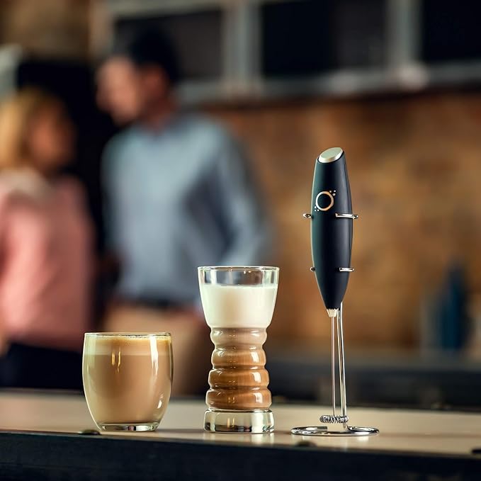 Handheld Milk Frother with Stand - Electric Drink Mixer for Coffee Latte Cappuccino Matcha Tea - Battery Operated Stainless Steel Whisk Wand - Mini Foamer for Protein Shakes Hot Chocolate (Black)