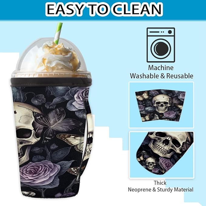 Reusable Iced Coffee Sleeve with Handle, Vintage Skull Flower Neoprene Cup Sleeve Butterfly Roses Insulator Cup Holder for Cold Drinks Beverages 16oz - 18oz