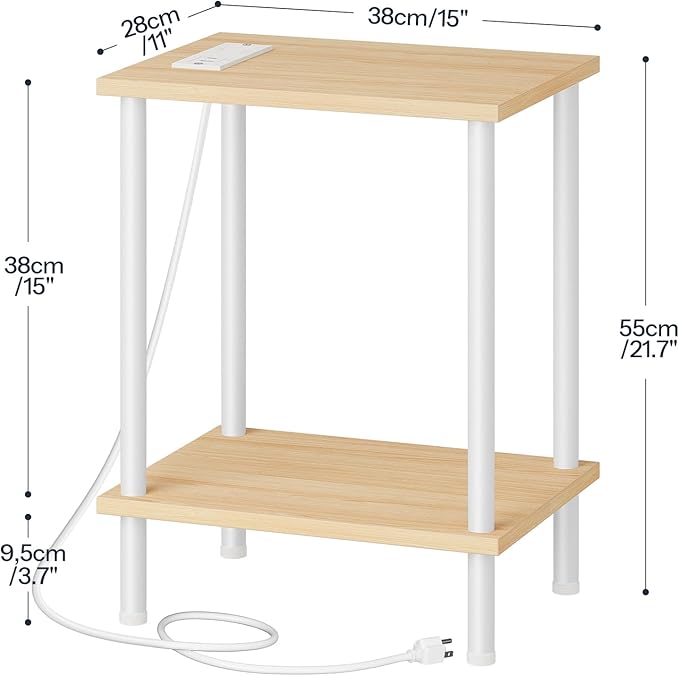 HOOBRO Side Table with Charging Station, Set of 2 End Tables with USB Port and Outlets, Nightstand with 2-Layer Storage Shelves for Small Spaces, Living Room, Bedroom, Natural and White WN09UBZP201