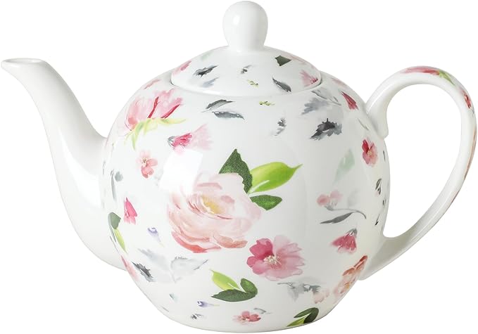 30oz Porcelain Teapot, Floral Design Ceramic Tea Pot for Loose Leaf & Bagged Tea, Classic 3-4 Cups Teapot for Daily Use & Special Occasions, Dishwasher Safe