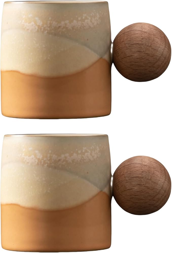 2-Oz Ceramic Espresso Cups with Wood Handle, 2/4-Piece Set for Coffee, Tea, Latte - Dishwasher Safe, Multi-Color & Wood Styles, Gift & Café Use(Kiln turning yellow, Round Handle2)