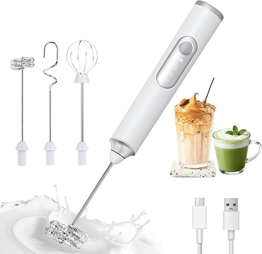 Milk Frother Handheld, 3-Speed Frother Wand USB-C Rechargeable, with 3 Detachable Whisks, Coffee Frother for Coffee,Latte, Cappuccino, Matcha, Hot Chocolate & Eggs, Electric Whisk Drink Mixer (White)