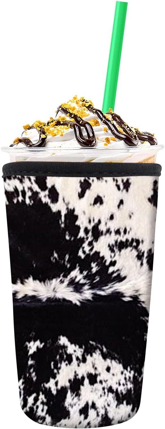 Reusable Neoprene Insulator Sleeve for Iced Coffee Cold Soda Cups, Cute Durable Drink Sleeve for Cold Beverages, Medium 22-28oz Cup Sleeve Luxuious Cow Print