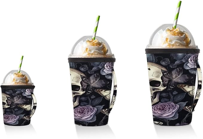 Reusable Iced Coffee Sleeve with Handle, Vintage Skull Flower Neoprene Cup Sleeve Butterfly Roses Insulator Cup Holder for Cold Drinks Beverages 24oz - 28oz