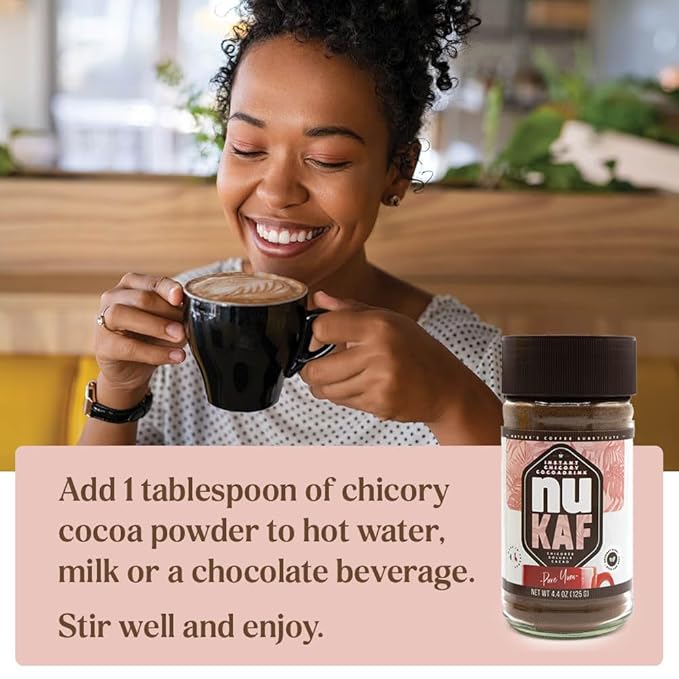 nuKAF By Gourmanity Instant Chicory Coffee Alternative with Cocoa, Brews Like Regular Coffee, Chicory Root Powder Great for Your Daily Drink, Rich in Prebiotics, Kosher, 3.5oz jar