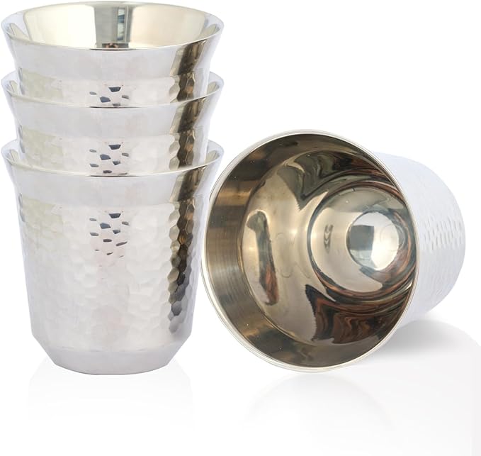 75mL (2.5 Ounce) Stainless Steel Espresso Cups - 4 Pack Double Wall Insulated Cups Demitasse Cups Coffee Cup For Drinking, Drinking Coffee, Drinking Beverages(Silve Hammer texture