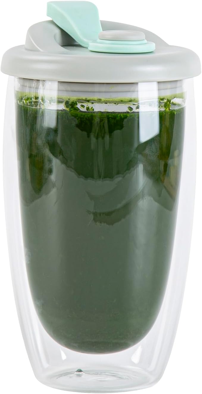Restaurantware Glass Travel Mug 1 Count 15 Ounce Double Wall Borosilicate Reusable Coffee Cup, Spill-Resistant Gray and Green Silicone Lid, Clear Drinkware Mug for Hot and Cold Beverages