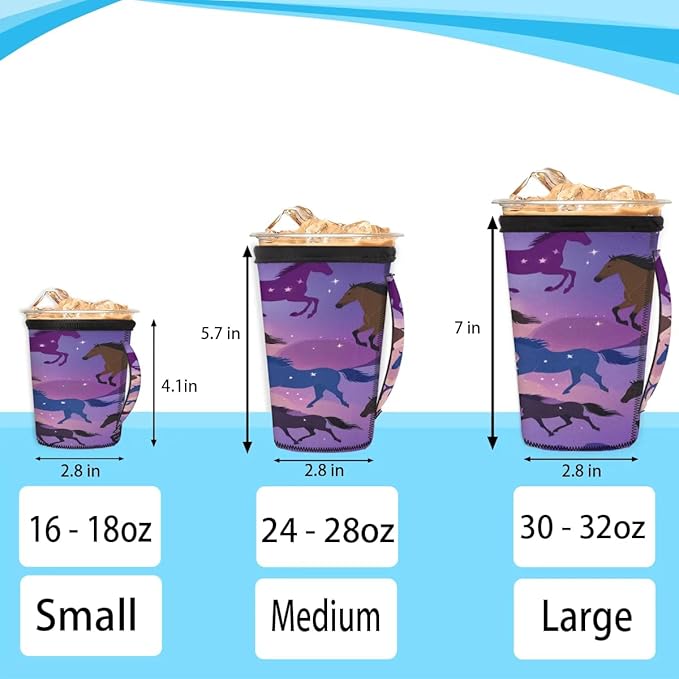 Reusable Iced Coffee Sleeve with Handle, Purple Horses Neoprene Cup Sleeve Colorful Horse Art Insulator Cup Holder for Cold Drinks Beverages 24oz - 28oz
