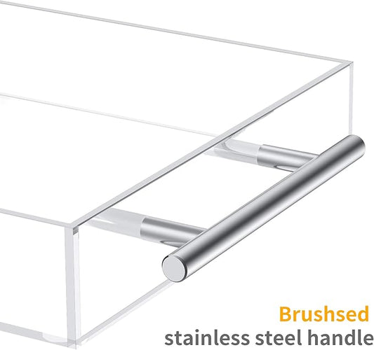 Richboom Clear Acrylic Serving Tray 16"x12" - Coffee Table Living Room Kitchen Decorative Tray with Silver Metal Handles, Bathroom Vanity Tray Perfume Cosmetic Storage Organizer