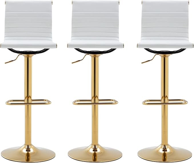 White Barstools Bar Height Set of 3 Adjustable Faux Leather Counter Height Bar Stool Chair with Back for Kitchen Island Breakfast Bar (White with Gold Base, 3 Pack)