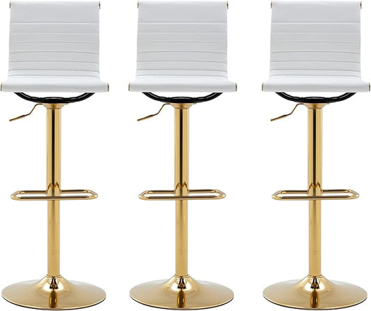 White Barstools Bar Height Set of 3 Adjustable Faux Leather Counter Height Bar Stool Chair with Back for Kitchen Island Breakfast Bar (White with Gold Base, 3 Pack)