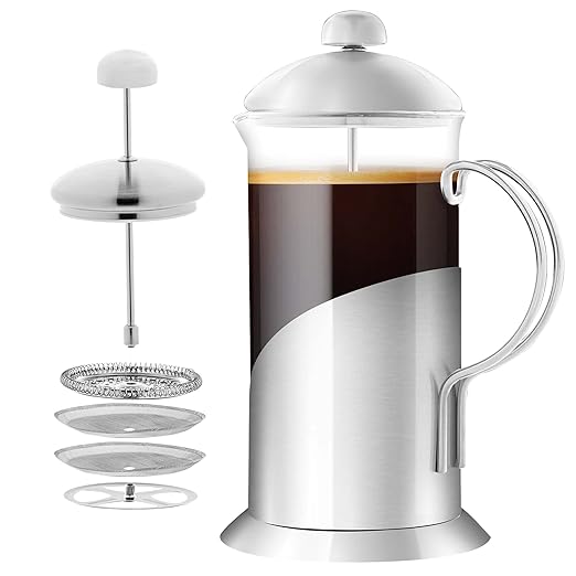 OVENTE French Press Coffee Maker 34 Ounce with Heat Resistant Borosilicate Glass, Stainless Steel Design and 4-Level Filter System, Portable Cold Brewer Pot for Travel, Camping or Gift, Silver FSL34S