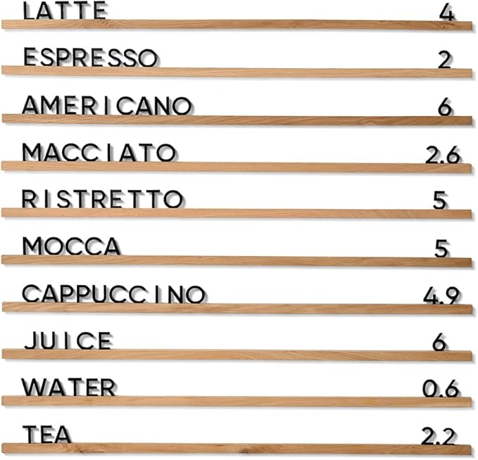 Inko Horeca Wooden Wall Letter Board - Set of 10 Oak Rails + 400 Changeable Black Letters - Floating Wall Menu Display Shelf for Cafe, Bar, Kitchen, and Home Decor