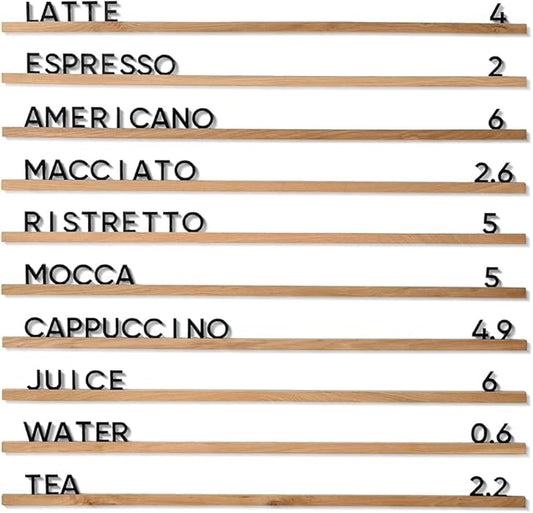 Inko Horeca Wooden Wall Letter Board - Set of 10 Oak Rails + 400 Changeable Black Letters - Floating Wall Menu Display Shelf for Cafe, Bar, Kitchen, and Home Decor