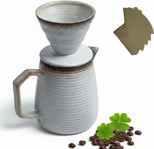 Pour Over Coffee Maker Set - Ceramic V60 Dripper Pot, Heat-Resistant & Easy Clean, Manual Slow Drip Coffee Brewer for Office, Home, Camping 1-3 Cup Pour Over Kit 20 coffee filters (white)