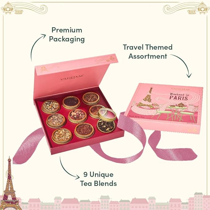 VAHDAM, Weekend in Paris Valentines Day Tea Gift Set - 9 Loose Teas | Tin Caddy Travel Edition Gift Box | Valentines Day Gifts for Him & Her | Gluten Free, Non GMO