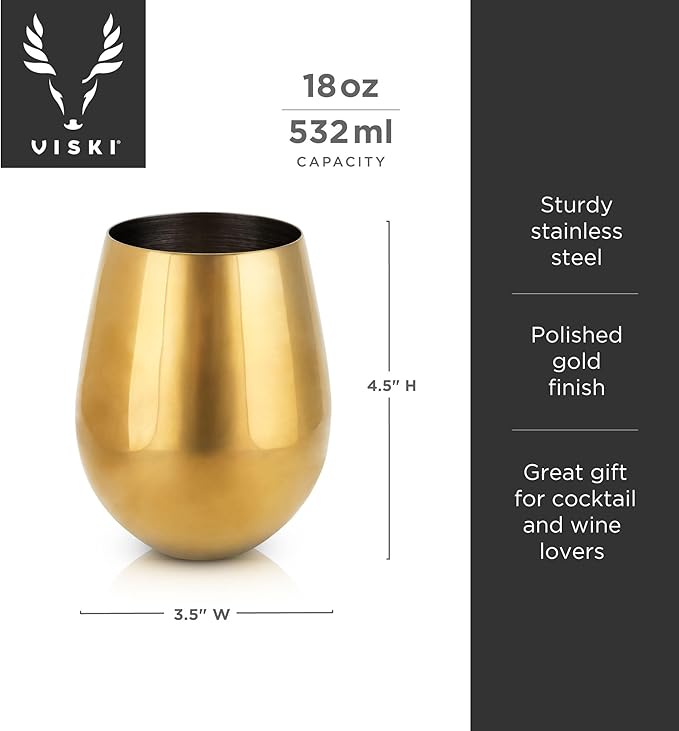 Viski Stainless Steel Wine Glasses, Modern Wine Tumblers, Elegant Drinking Glasses for Red and White Wines, Wedding Gifts, Holiday, Birthday Party, Home Bar, Drinkware Set of 2, 18 oz, Gold