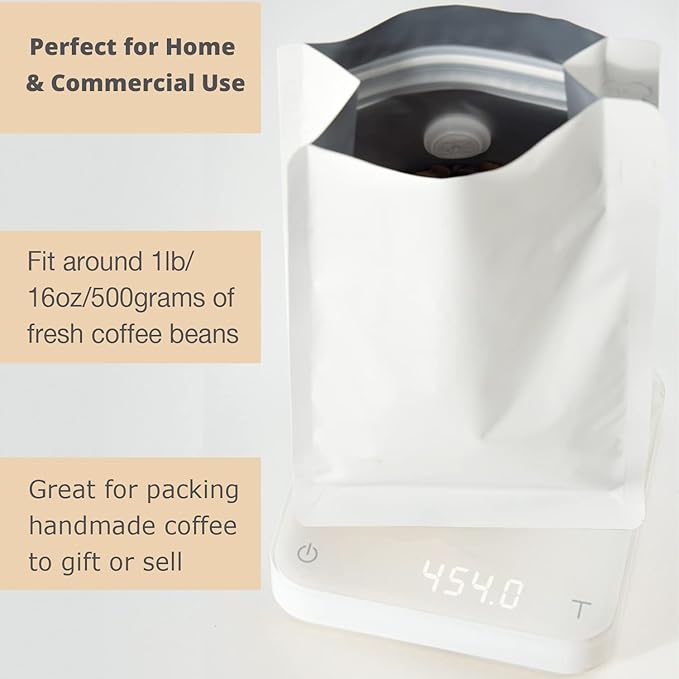 16oz 100pcs Wihite Coffee Bags with High Barrier Aluminum Foil Liner, Resealable Coffee Pouches with Degassing Valve, Ziplock Food Storage Bags with Pull Tape, 16oz/1lb/500gram