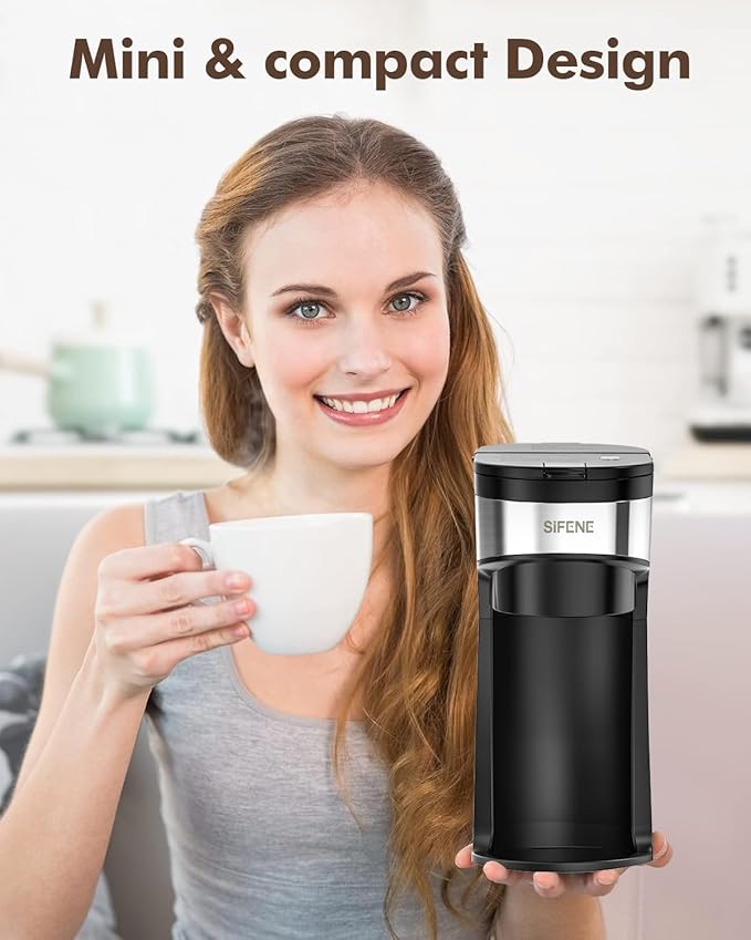 SIFENE Mini Single Serve Drip Coffee Maker – 2-in-1 Portable Machine for K-Pods & Grounds. Fast Brew, Easy Clean, Auto Shut-Off, Water Window, Descaling Reminder. BLACK