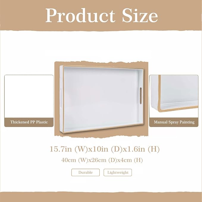 Zosenley Decorative Tray, Rectangular Plastic Tray with Handles, Modern Vanity Tray and Serving Tray for Bathroom, Kitchen, Ottoman and Coffee Table, 15.6” x 10.2” (White)
