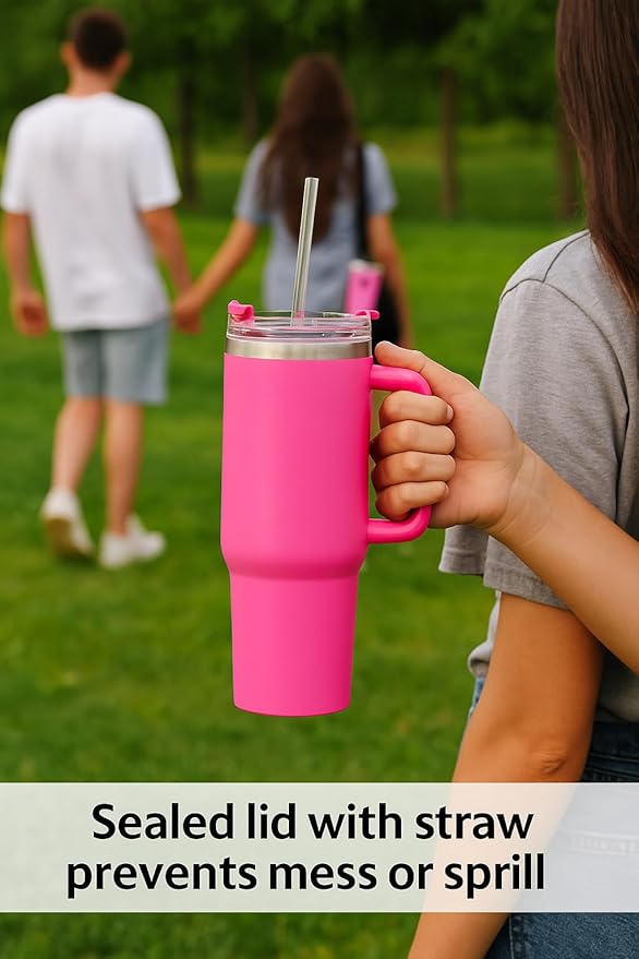 The FaarSky 40 oz Insulated Travel tumbler with lid and straw, 12 Hours Hot & Cold, Vacuum Insulated Stainless Steel, Leak-Proof Lid, (Pink)