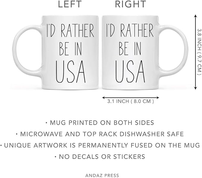 Andaz Press World Country Adventure 11oz. Coffee Mug Gift, I'd Rather Be in The USA, 1-Pack, Summer Vacation Long Distance College Going Away Study Abroad Birthday Christmas Gifts