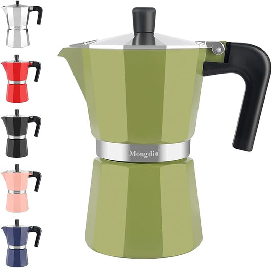 Mongdio Stovetop Espresso Maker Moka Pot, Stove Top Cuban Coffee Maker, Italian Greca Mocha Pot, 6 Espresso Cups, 10 oz - Green