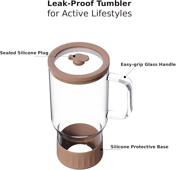 32 oz Plastic-free Borosilicate Glass Tumbler with Stainless Steel Straw and Tempered Glass Lid, Reusable Coffee Cup with Handle, Large Glass Travel Mug (Dune Rose)