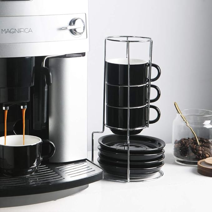 Sweejar Ceramic Espresso Cups with Saucers, 4 Ounce Stackable Cappuccino Cups with Metal Stand for Coffee Drinks, Latte, Tea - Set of 4 (Black)