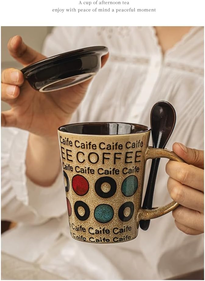 Ceramic Coffee Cup with Spoon and Lid, 12 oz Coffee Mug, Microwave Dishwasher Safe, Cup for Latte, Hot Tea, Cappuccino, Farmhouse Mug Novelty Rustic Glaze Cup, Christmas Gift Letter Khaki