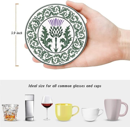 HUXJOKO Coasters for Drinks Set of 6,Thistle Flower Scottish Absorbent Ceramic Coaster,Round Stone Mat,with Cork Base and Metal Holder for Coffee Table Room Bar Home Decor Housewarming Gifts