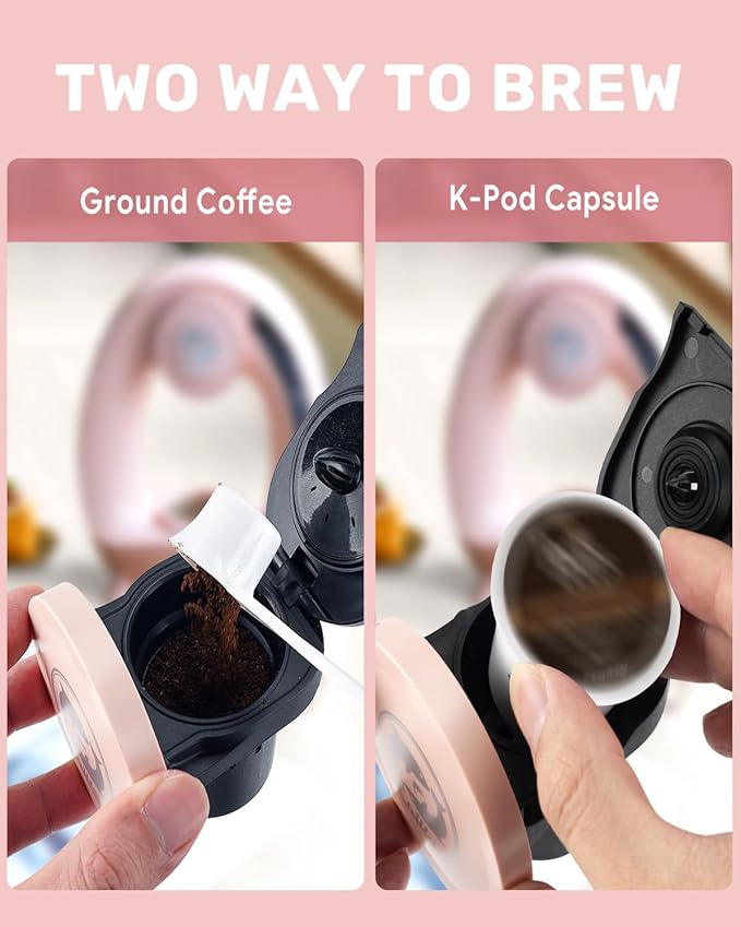 2-in-1 Coffee Maker, Fast Brew in 1.5mins, Single Serve Coffee Machine Compatible with K-Cup Pods & Ground Coffee, 1400W with 20s Preheat, Compact for Home,Small Place,Office & RV, 8oz,Pink