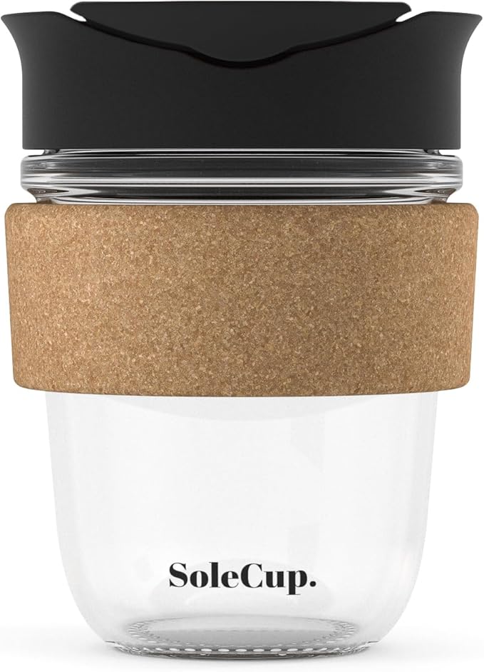 Reusable Strengthened Glass Travel Cup - Spill Proof Insulated Coffee Mug - 12oz/340ml BPA-Free Hot Drink Travel Mug with Lid & Cork Band (Black, 12oz)