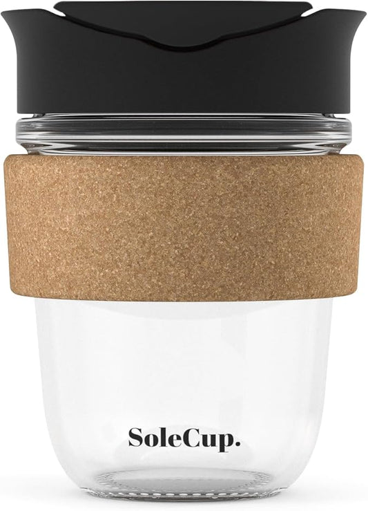 Reusable Strengthened Glass Travel Cup - Spill Proof Insulated Coffee Mug - 12oz/340ml BPA-Free Hot Drink Travel Mug with Lid & Cork Band (Black, 12oz)