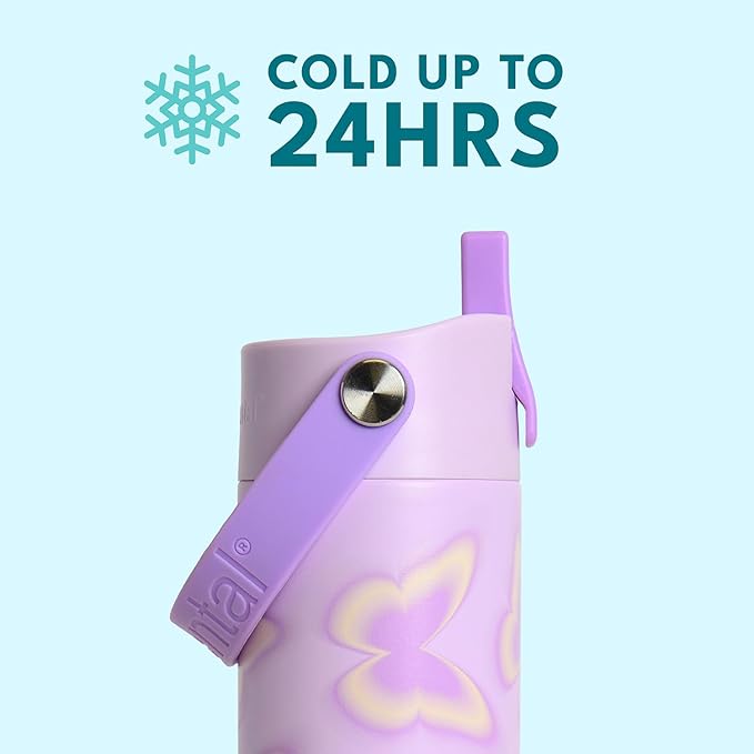 Elemental 24oz Insulated Water Bottle with Straw - 100% Leak-Proof Stainless Steel Core Water Bottles for Travel, Sports and Gym - Double Wall Insulation & BPA Free - Butterfly Kiss