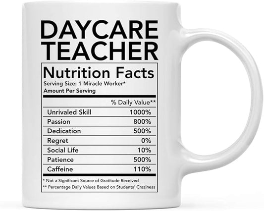 Andaz Press Funny 11oz. Ceramic Coffee Tea Mug Thank You Gift, Daycare Teacher Nutritional Facts, 1-Pack