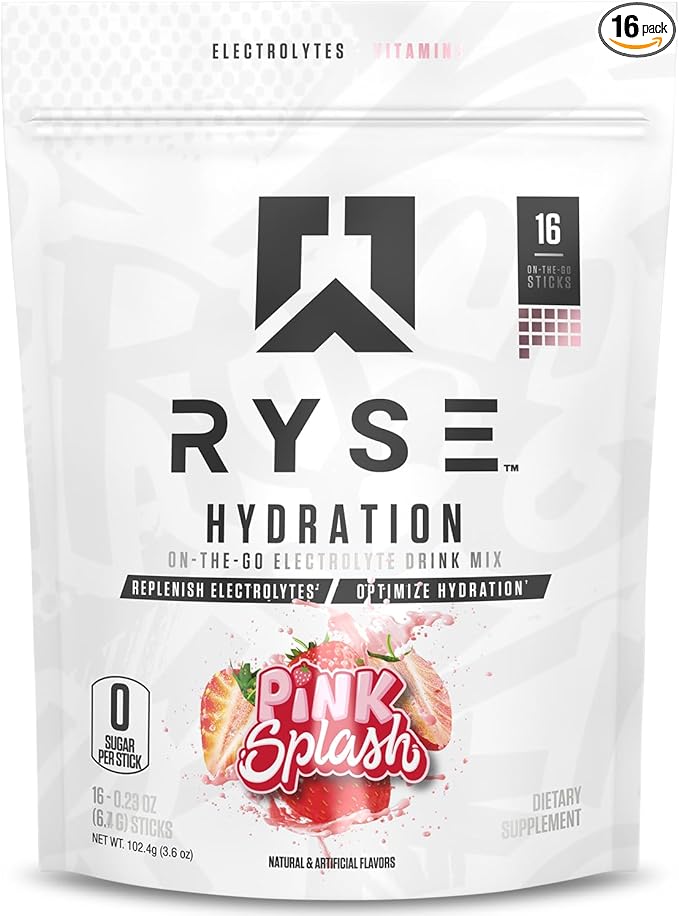 RYSE Hydration Electrolyte Powder Drink Mix Packets - Pink Splash - Sugar-Free Full Spectrum Electrolytes with Essential Vitamins, Taurine and Choline for Rehydration - 16 Serving Sticks