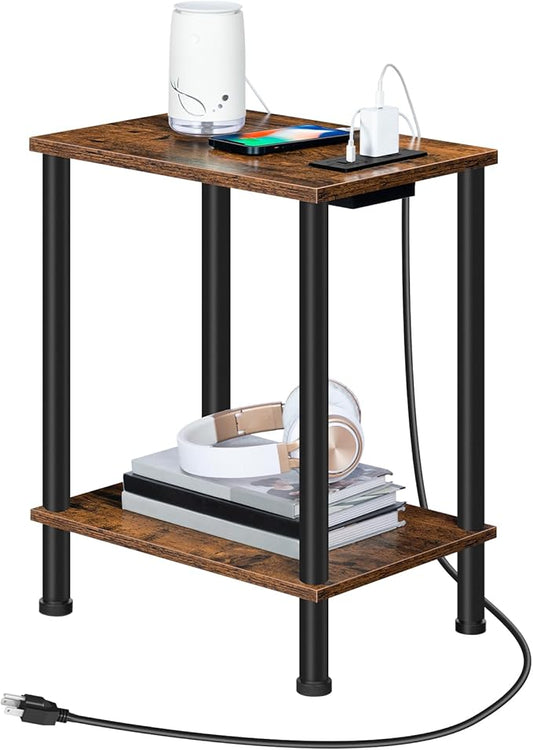 HOOBRO Side Table with Charging Station, Small End Table with USB Port and Outlet, Nightstand with 2-Layer Storage Shelves for Small Spaces, Living Room, Bedroom, Stable Frame, Rustic Brown BF09UBZ01