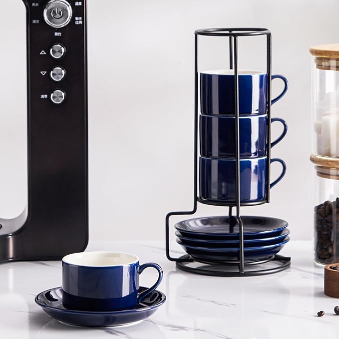Meichu 2.5oz Porcelain Stackable Espresso Cups with Saucers and Metal Stand Set of 4, Stackable Espresso Cups Set of 4, Blue Expresso Shots Cup Set for Cappuccino, Coffee Drinks, Latte, Tea