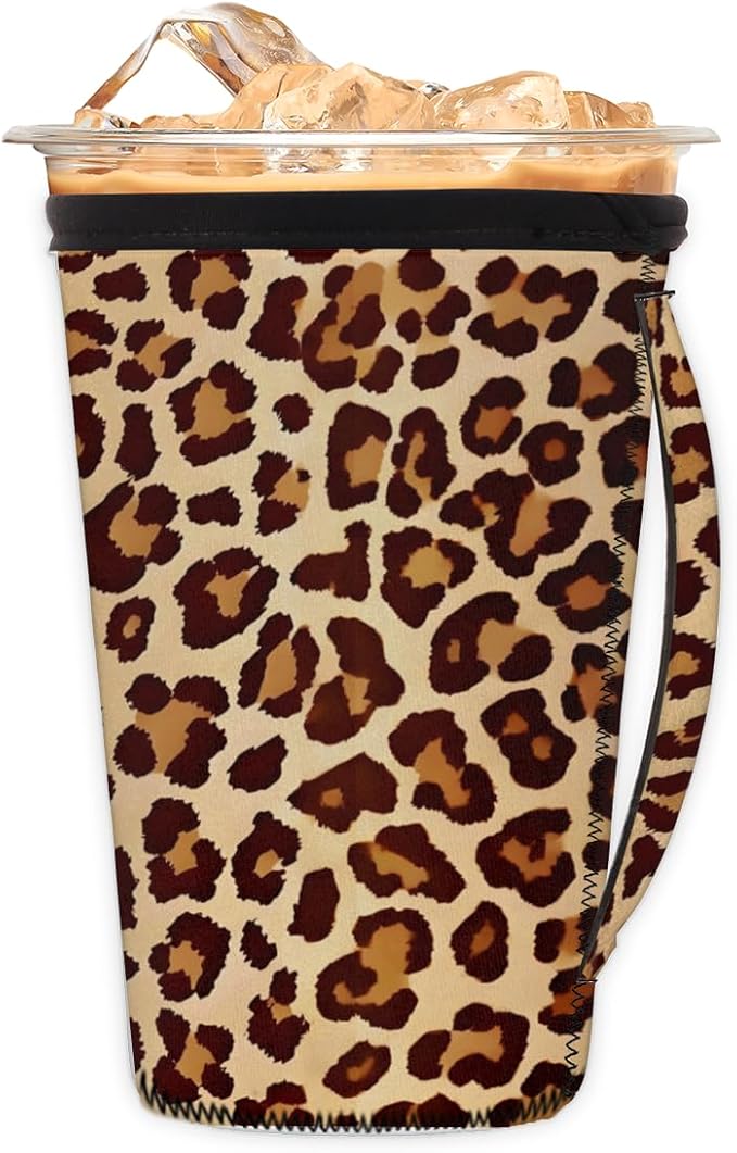 Leopard Cheetah Print Reusable Insulator Coffee Sleeves for Drinks Beverages, Neoprene Holder with Handle for Most Coffee or Ice Drink, 16-18oz