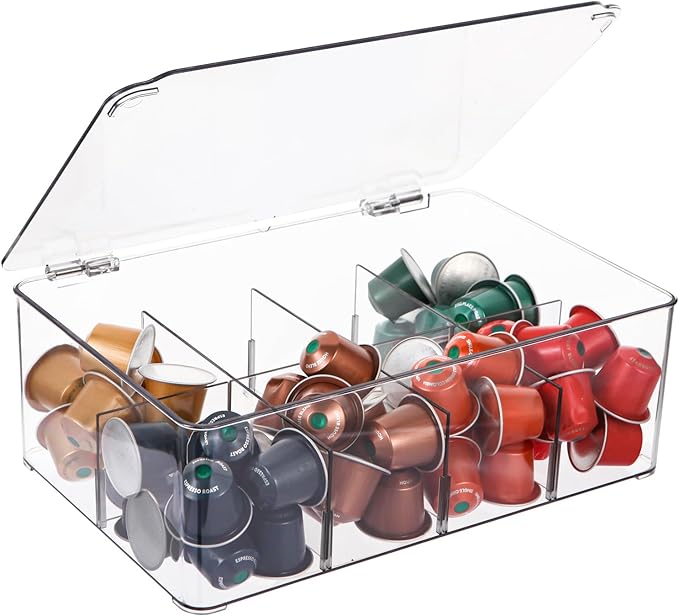 Coffee Pod Holder Storage for Counter, Clear Organizer for K Cup, Compatible with Nespresso OriginalLine VertuoLine Capsules & Keurig, Acrylic Coffee Pods Holder with Lid - Clear