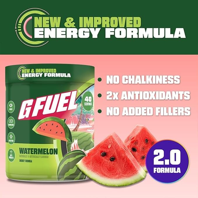 G Fuel Watermelon Energy Drink Powder, Pre Workout Caffeine Mix for Gaming, Sugar Free Focus Amino, Vitamin + Antioxidants, 9.9oz (Watermelon, 40 Servings)