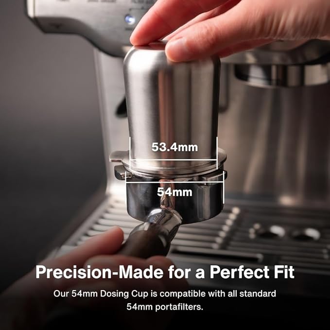 Crema Coffee Products | 54mm Dosing Cup | Brushed Silver | 100% Stainless Steel | Espresso Coffee Dosing Cup | Fits 54mm Breville Portafilters