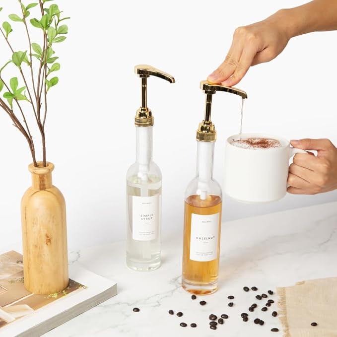 Molimoli Coffee Syrup Dispenser for Coffee Bar, 350mlCoffee Pump Dispenser, Glass Syrup Bottle w. Pumps, Simple Syrup Dispenser w. Labels,Set of 4, (Gold)