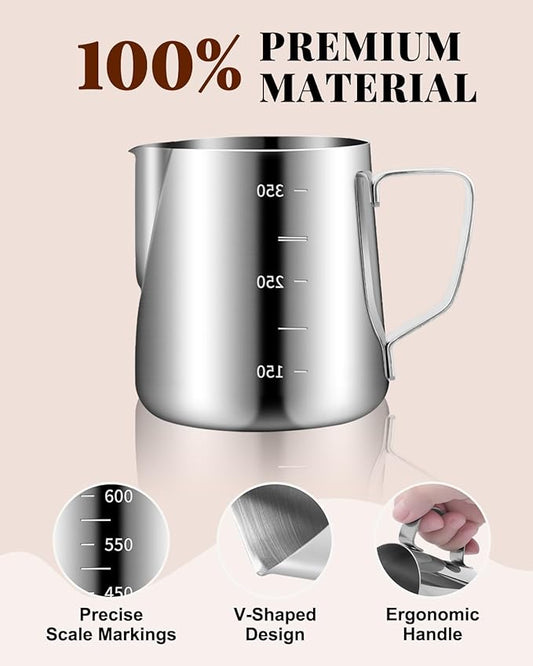 Espresso Kit, 350ml Espresso Milk Frothing Pitcher, 53mm Espresso Tamper, WDT Tool, 53.5mm Puck Screen, Dessert Spoons, Tamper Mat, Latte Art Pen &16 PCS Coffee Decorating Stencils