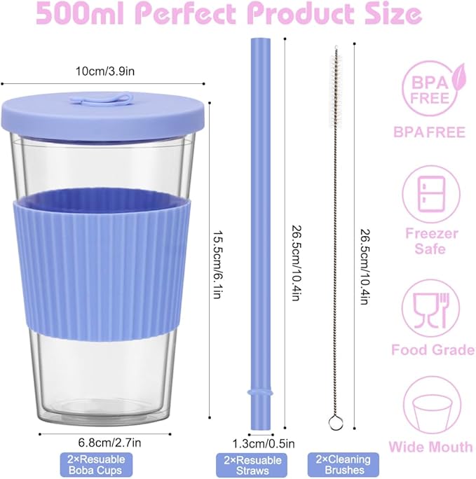 2 Pack Reusable Boba Cups, 17oz Iced Coffee With Straw and Lid, Leakproof Clear Plastic Tumbler, Double Wall Insulated Smoothie Cup, Pastel Violet and Cornflower Blue