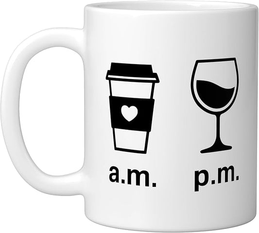Coffee AM Wine PM - Funny Minimalist Coffee Wine Lover Ceramic Mug, White